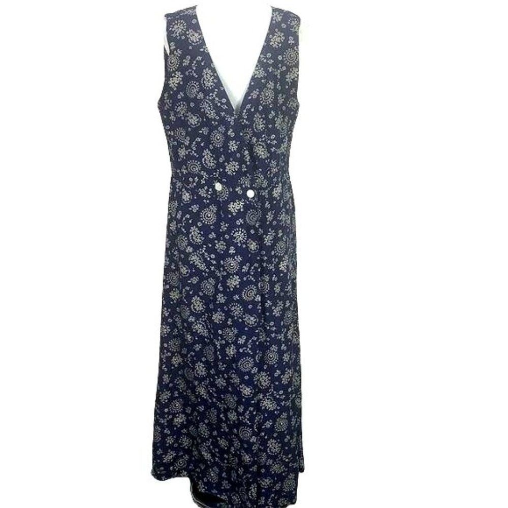 Woolrich Navy Blue White Patterned Floral wrap sleeveless XL Maxi Dress